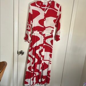 Red and White Long Sleeve Mandarin Collar Sundress